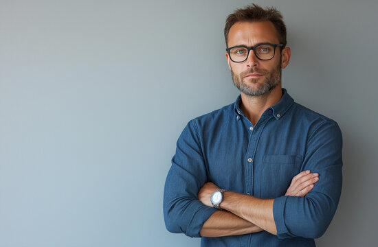 Confident stylish man with short hair and beard, wearing glasses and a blue shirt, arms crossed, isolated on white background, casual outfit, professional photo shoot pose