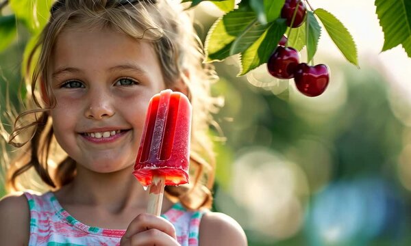 Smiling girl with popsicle near cherry tree