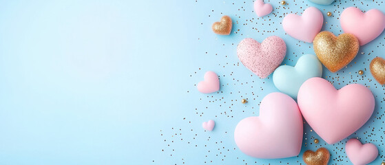 Colorful hearts on blue background create cheerful and festive atmosphere