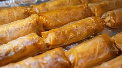 ：Delightful fried spring rolls with crispy golden - brown exteriors, filled with fresh and colorful ingredients, ready to be savored. A popular and scrumptious snack.