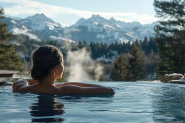 Woman relaxing in infinity pool enjoying snowy mountain view