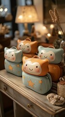 Obraz premium Stacked cute animal-shaped pastel cosmetic bags.