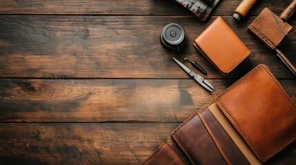 Minimalist Workspace with Handmade Leather Goods on Wooden Desk
