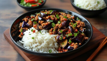 Colorful Stir Fried Eggplant with Ground Meat and Rice Served in Black Bowl