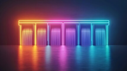 Colorful Neon Waterfalls in a Futuristic Setting with Reflection
