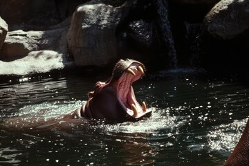 A close-up of a hippopotamus opening its mouth wide in a river.