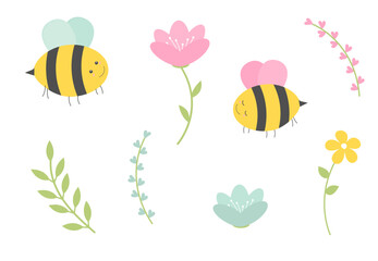 bees and flowers vector flat design