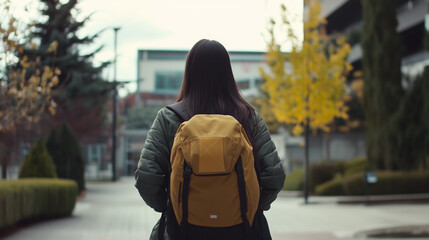 Back view of a college student walking with a backpack in campus