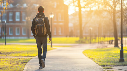Back view of a college student walking with a backpack in campus