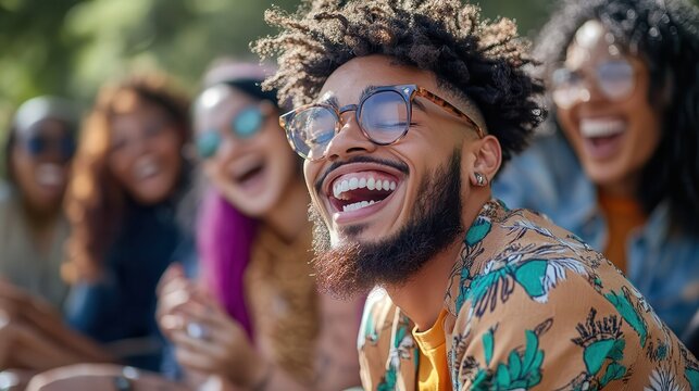 World Laughter Day: A group of friends laughing together in a sunny park