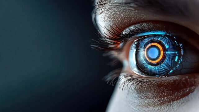 A close up of an eye with high tech blue and orange lights around the iris set against a glowing background, representing modern glaucoma treatment with laser therapy and eye drops