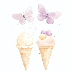 Two whimsical ice cream cones with pastel butterflies above on a white background, perfect for summer delights.