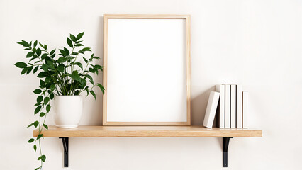 Minimalist Home Decor with Blank Frame for Art Display Mockup - Perfect for Modern Interiors, Featuring Wooden Shelf, Potted Plant, and Books