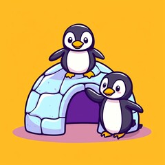 Obraz premium Two cute penguins playfully interacting near their igloo on a vibrant yellow background.