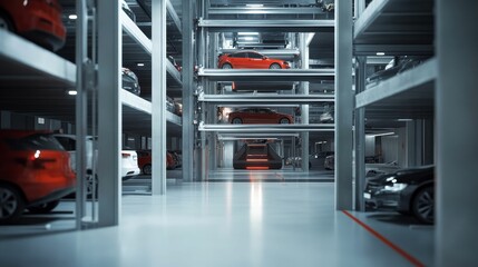 Automated parking system; cars stacked vertically.