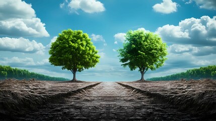 Obraz premium Two vibrant trees stand on either side of a dry path, under a bright blue sky with fluffy clouds, symbolizing nature and tranquility.
