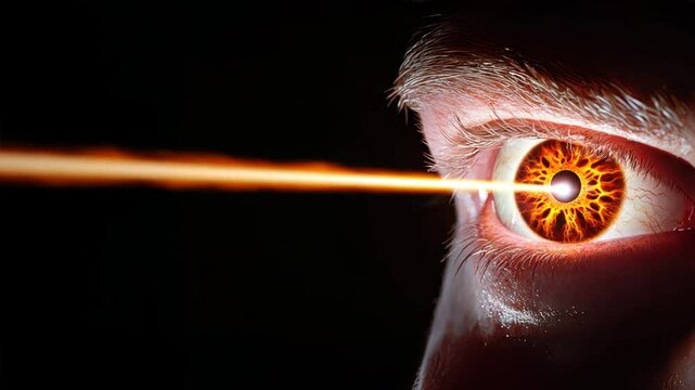 A laser beam shining into an eye with a brown iris and white light inside, showcasing advanced glaucoma treatment using laser therapy and eye drops for vision improvement