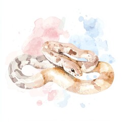 Obraz premium Two beautiful snakes intertwined against a soft watercolor background, showcasing their intricate patterns and colors.