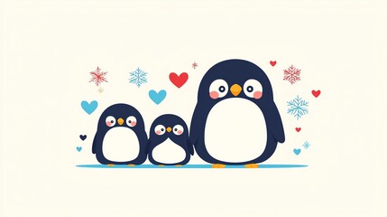 Obraz premium Three adorable penguins with hearts and snowflakes, perfect for playful winter themes.