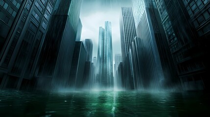 A misty, flooded cityscape reveals towering skyscrapers shrouded in fog, creating a haunting and surreal atmosphere.