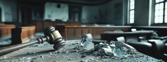 Broken gavel symbolizes political corruption and the decline of justice systems in empty courtrooms