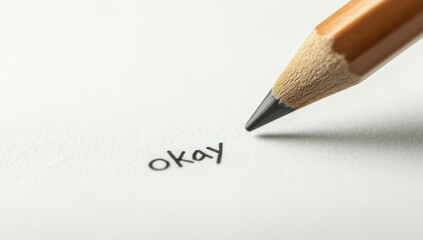 Close-up of a Pencil Writing the Word Okay on White Paper, a Simple Act of Communication and Agreement