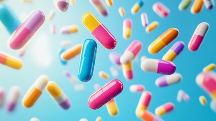 A group of antibiotic capsules falling, illustrating a colorful 3D medical concept