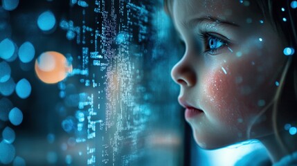 Intense focus on the digital landscape as a child observes data streams and coded rainfall in a reflective urban environment