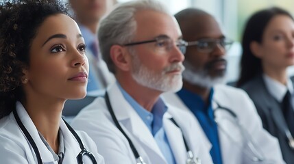 A group of attentive medical professionals of various ages listening intently at a training seminar or continuing education class, symbolizing ongoing learning in healthcare.