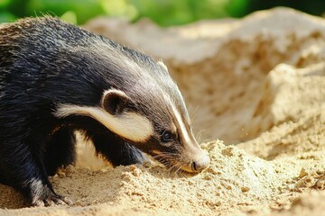 Fototapeta premium A close-up of a honey badger digging for food in the sandy soil. 