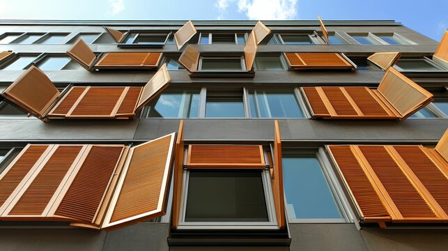 Modern building; many windows; open wooden shutters. - Powered by Adobe