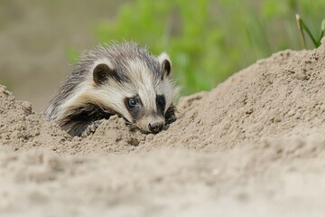 Naklejka premium A close-up of a honey badger digging for food in the sandy soil. 