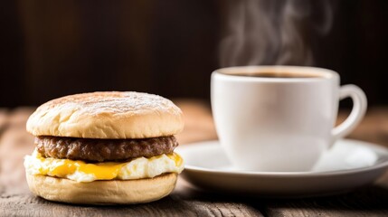 Savoring a savory sausage sandwich and fresh coffee rustic kitchen cozy food photography morning vibes comforting indulgence