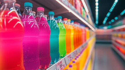 Fototapeta premium Colorful soda plastic bottles on supermarket shelf in vibrant rainbow pattern
