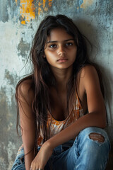 Fototapeta premium Sad girl sitting against wall