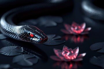 Fototapeta premium A sleek black snake with striking red eyes slithers beside vibrant pink water lilies, creating a captivating contrast against a dark background.