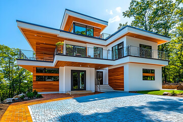 Beautiful suburban residence with cerulean brick driveway, white walls, and wood features, offering a spacious and luxurious outdoor space.