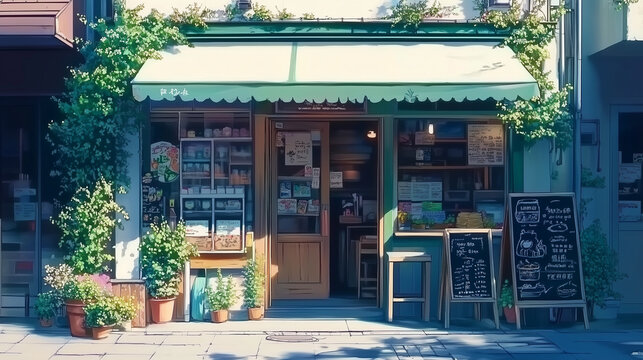 Charming asian lofi cafe with greenery and outdoor seating on sunny day, anime, manga, lo-fi, hip-hip style