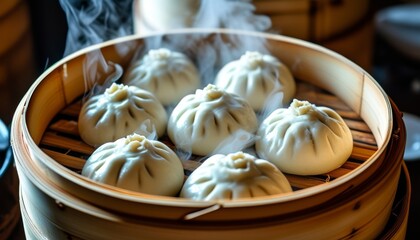 Steamed Buns Baozi in Bamboo Steamer with Hot Steam Rising in Asian Cuisine Setting