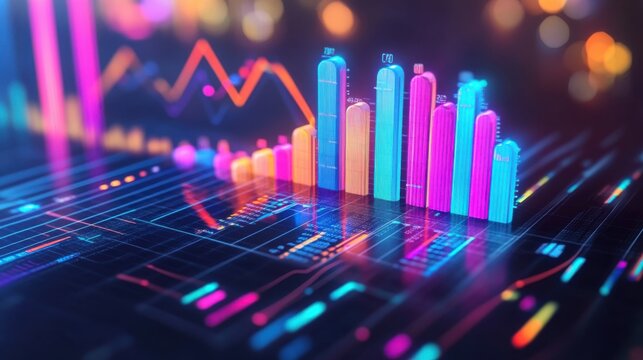 Vibrant 3D Financial Data Visualization Neon Charts and Graphs Digital Marketing Business Analytics