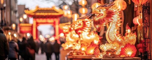 Fototapeta premium Vibrant Dragon Statues Illuminated by Lanterns in Bustling Chinatown During Festivities at Night