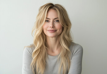 Obraz premium Studio portrait of a young blonde woman in a long-sleeved white top, smiling and looking at the camera, isolated on light grey background, ideal for beauty or fashion campaigns