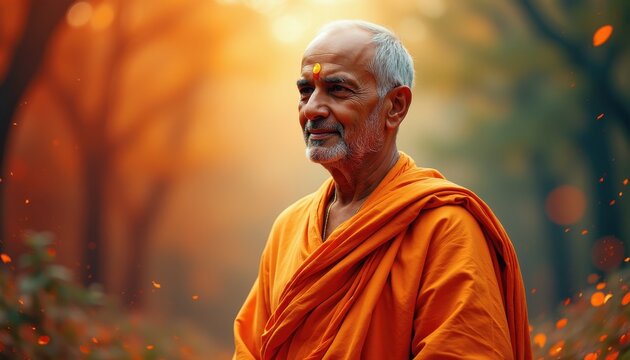 Traditional attire of Swami Vivekananda framed by a rich vibrant background highlighting the beauty of spirituality and wisdom.