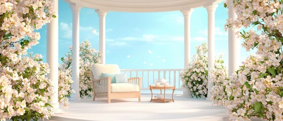 Spring time inspired relaxation. Serene outdoor space adorned with flowers and a cozy seating area under a bright blue sky.