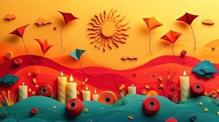 Festive elements like kites, candles, sun, and spools featured in a Makar Sankranti celebration design