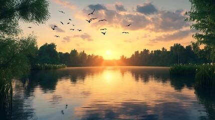 A beautiful sunset over a calm reflective lake with birds flying overhead