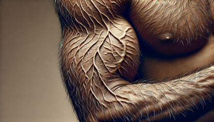 Close-up of a human arm showing intricate skin pores, hair, and fine details, with a neutral background for clarity and focus.