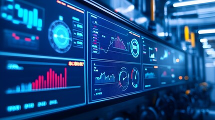 Obraz premium Futuristic Data Analytics Interface with Graphs and Metrics Display