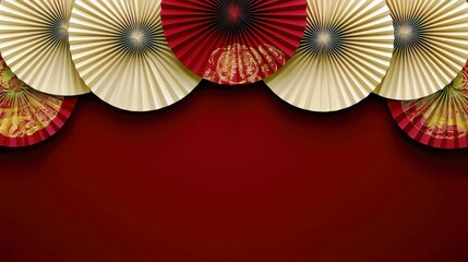 Decorative paper fans in vibrant colors hanging on a rich red background creating a festive and elegant atmosphere for various celebrations and events