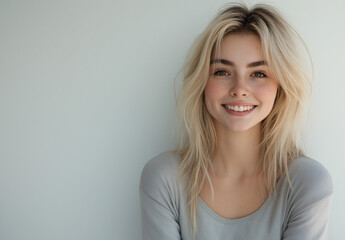 Fototapeta premium Studio portrait of a young blonde woman in a long-sleeved white top, smiling and looking at the camera, isolated on light grey background, ideal for beauty or fashion campaigns